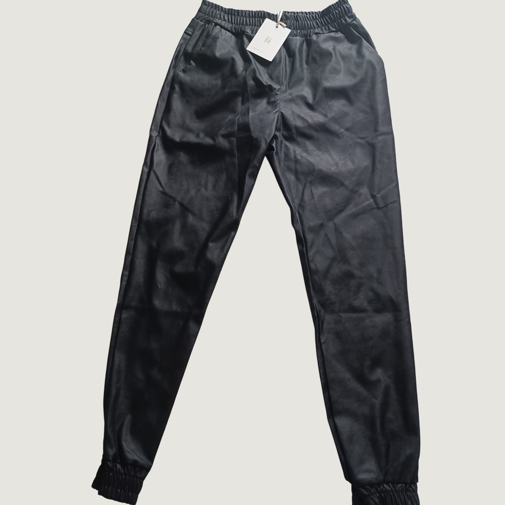 Milio Milano Women Black Faux Leather Jogger Pants Made in Italy ART 2040 Small